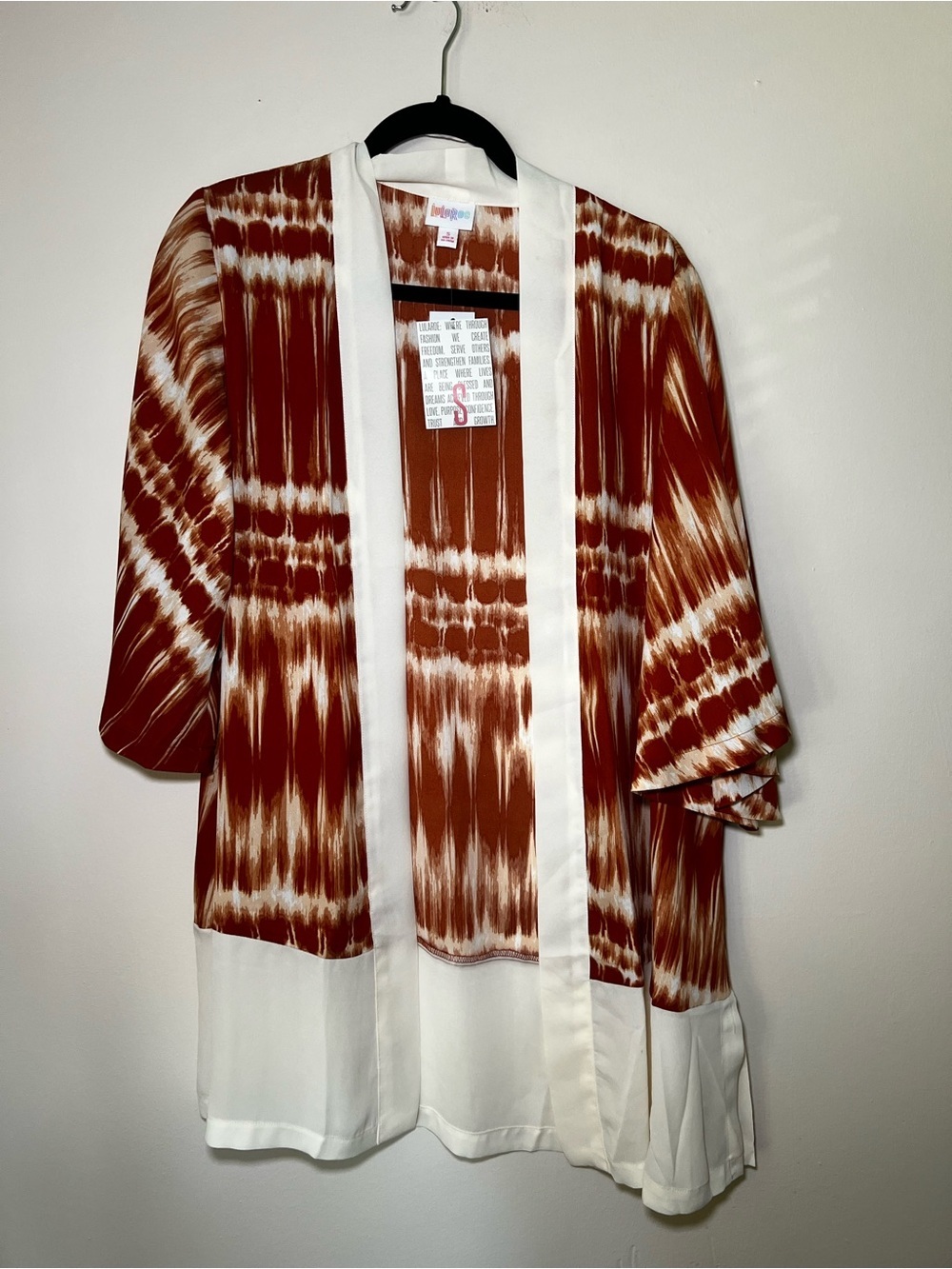 LuLaRoe Aurora Rust and Cream Open-Front Bell Sleeve Kimono